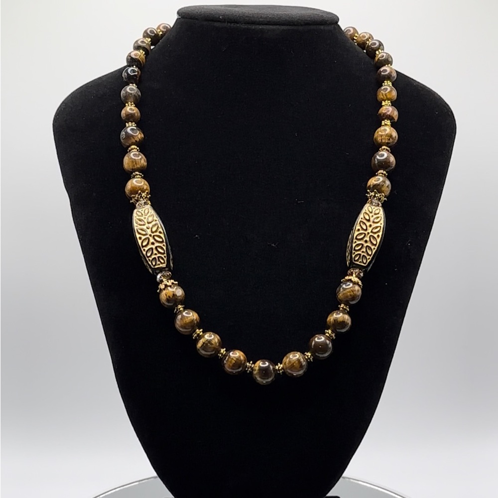 *RARE* Genuine Tigers Eye Gold Painted Wooden Antique Style Necklace